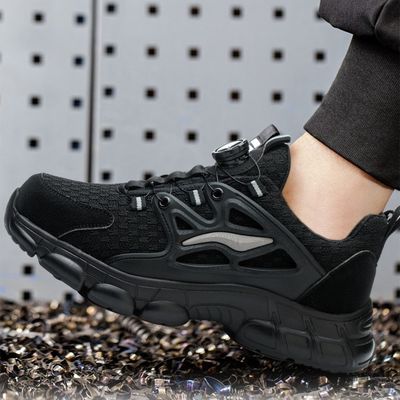 BOA Button Black Microfiber Safety Shoes สําหรับงานอุตสาหกรรม ในวัสดุยาง